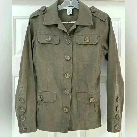 CAbi 493 Olive Green Military Button Up Cargo Jacket Womens‎ Size XS Stretch - Picture 1 of 6